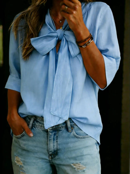 V-neck Bow-knot Loose-fit Three-quarter Sleeve Womens Top