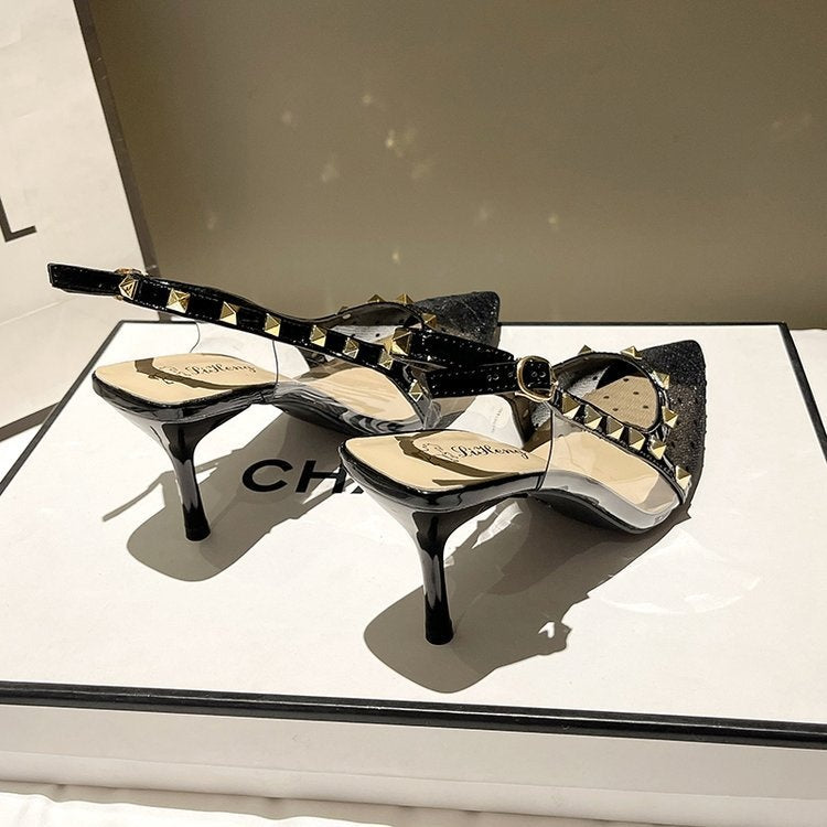 Women's Polka Dot Mesh Studded Pointed Toe Slingback Stiletto Sandals