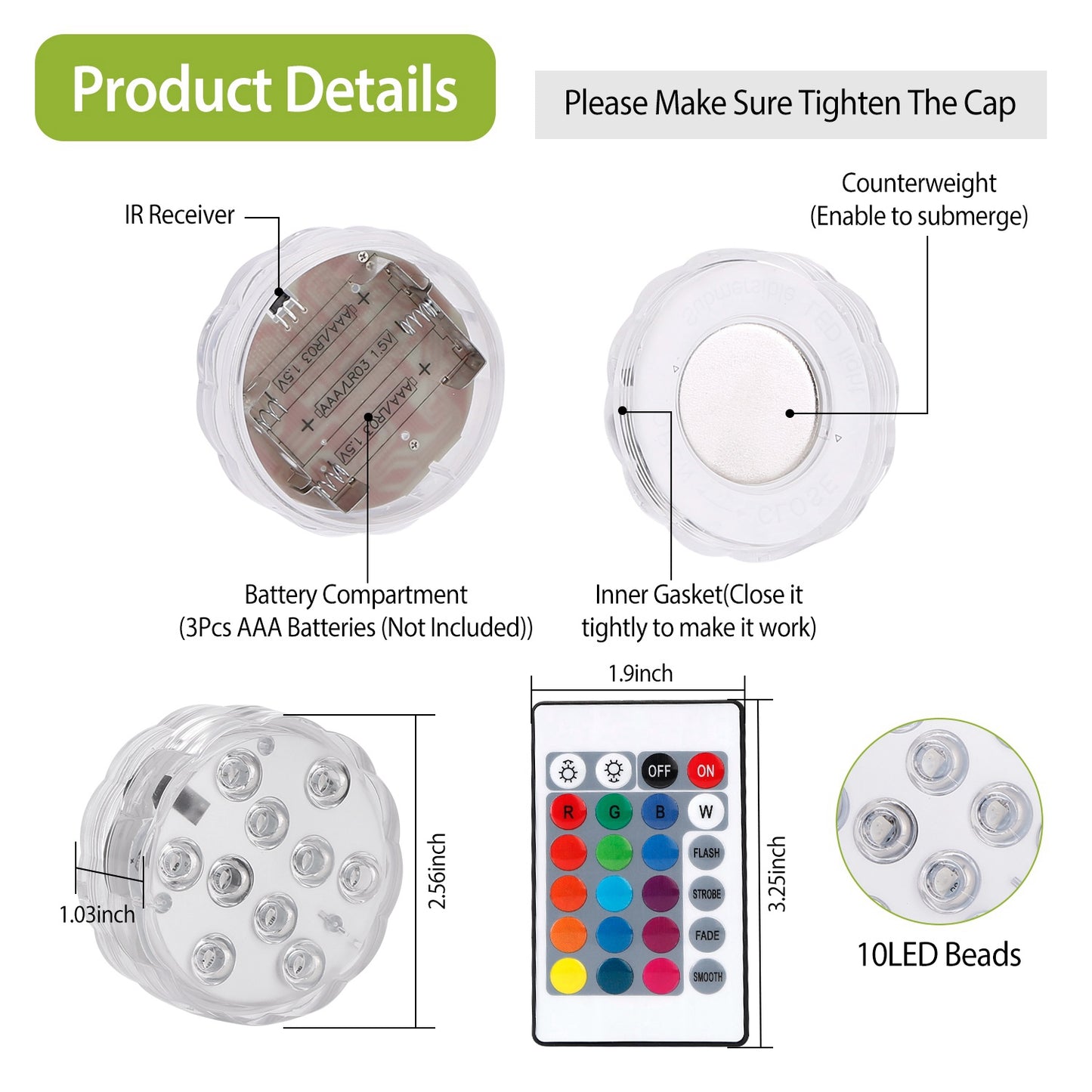 4Pcs RGB Swimming Pool Lights With Remote Control  IP68 Waterproof Battery Operated Submersible 16 Modes For Pond Bathtub Hot Tub Party