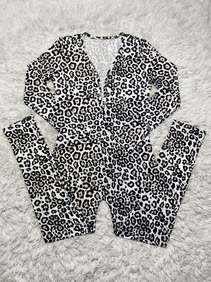 Casual Leopard Print Printed Long-sleeved Trousers Home Jumpsuit