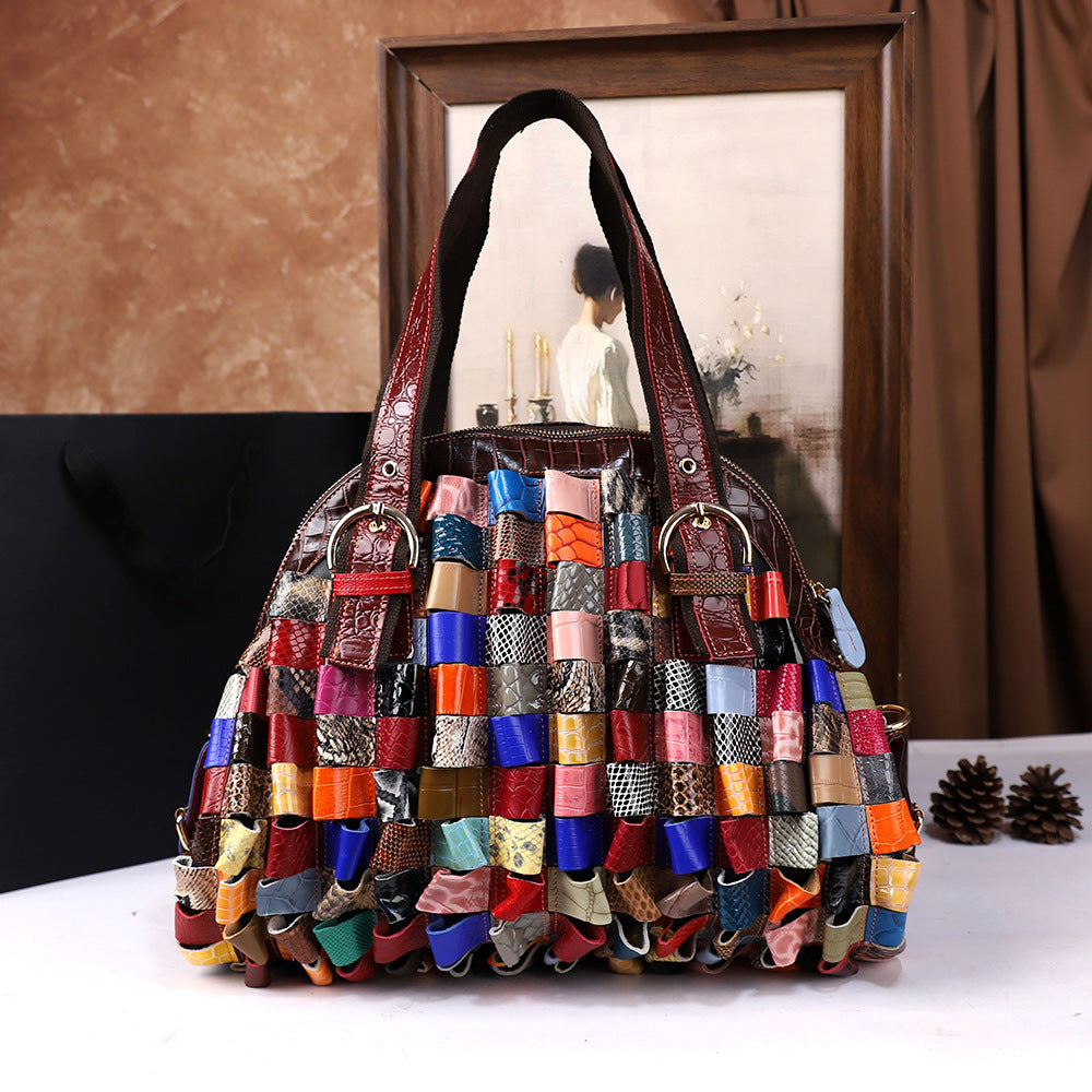 Woven Large-Capacity Cowhide Shoulder Tote Bag For Women