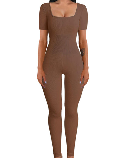 Threaded Square Collar Buttocks Slim Jumpsuit