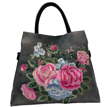 Tote Bag With Embroidered Peony Flowers Ethnic-style Textured Design