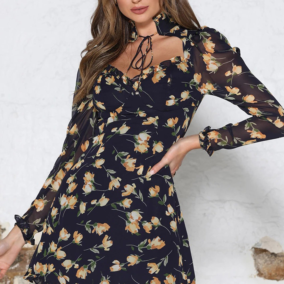 High neck tie low cut lace long sleeve dress