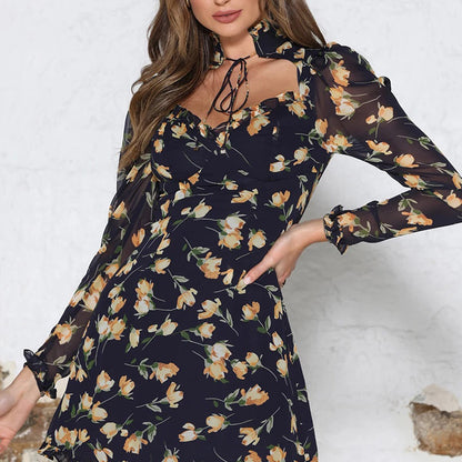 High neck tie low cut lace long sleeve dress