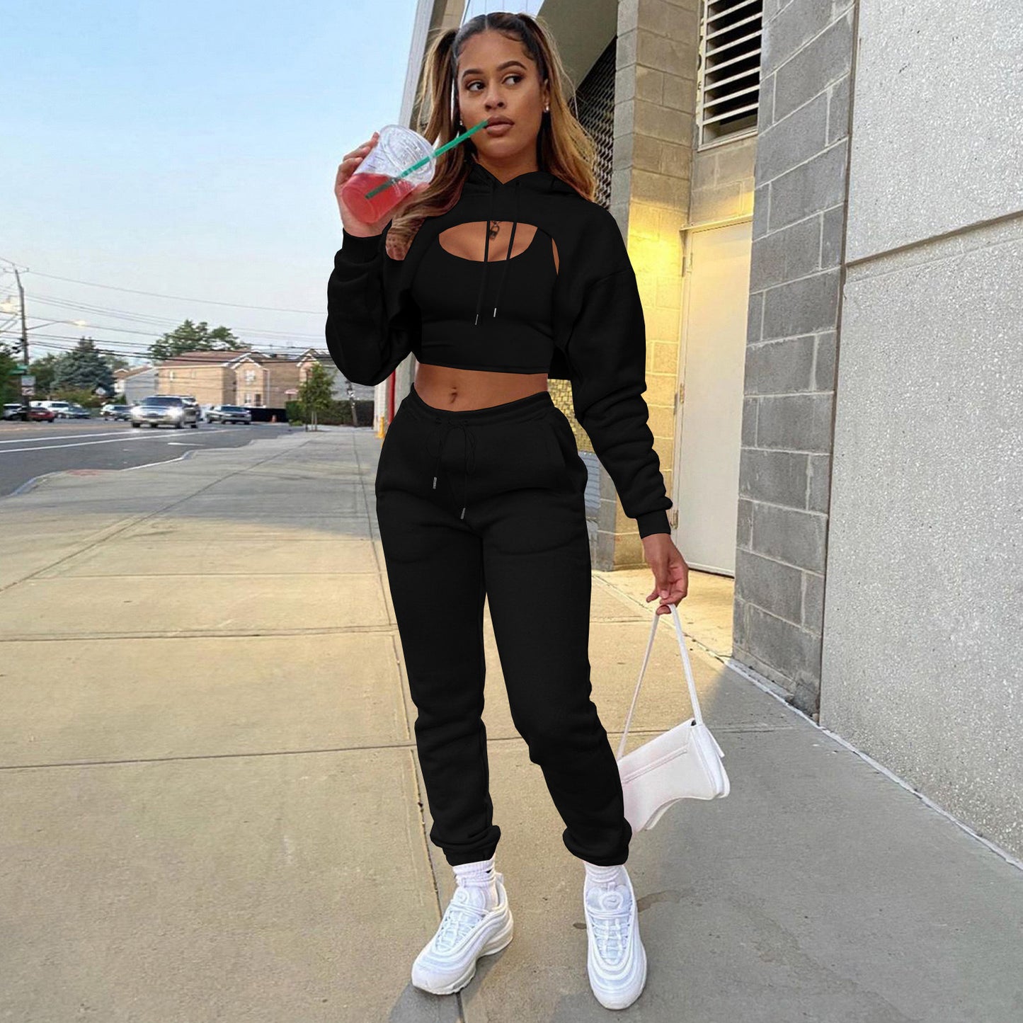 Three-piece Solid Color Hooded Sweatshirt Long-sleeved Drawstring Trousers Vest