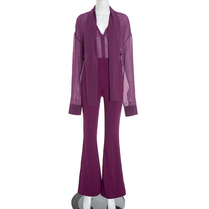 Mesh Ribbon Top With Long Sleeves And Flared Pants A Sassy Two-piece Set