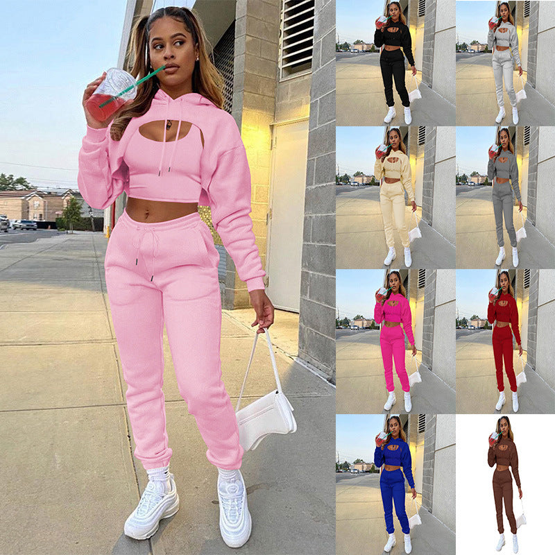 Three-piece Solid Color Hooded Sweatshirt Long-sleeved Drawstring Trousers Vest
