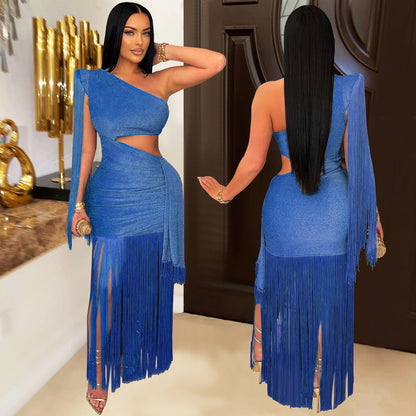 Fashionable Womens Sexy Casual One-Shoulder Tassel Dress