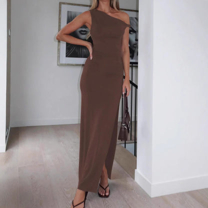 New One-shoulder Diagonal Collar Dress Sleeveless Lace-up