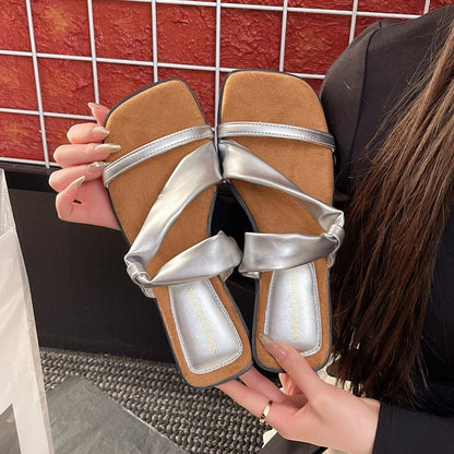 2025 Summer New French Style Low Heel Slippers For Women, Fairy Style Outdoor Fashion Slides, Elegant Match-Dress Sandals In Black, Silver, Beige
