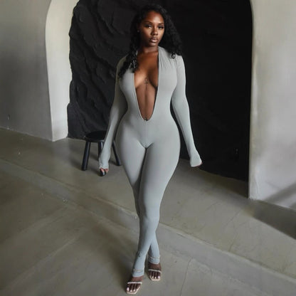 Fashionable Figure-hugging Sexy Stretchy Solid-color Jumpsuit