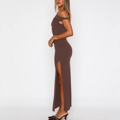 New One-shoulder Diagonal Collar Dress Sleeveless Lace-up