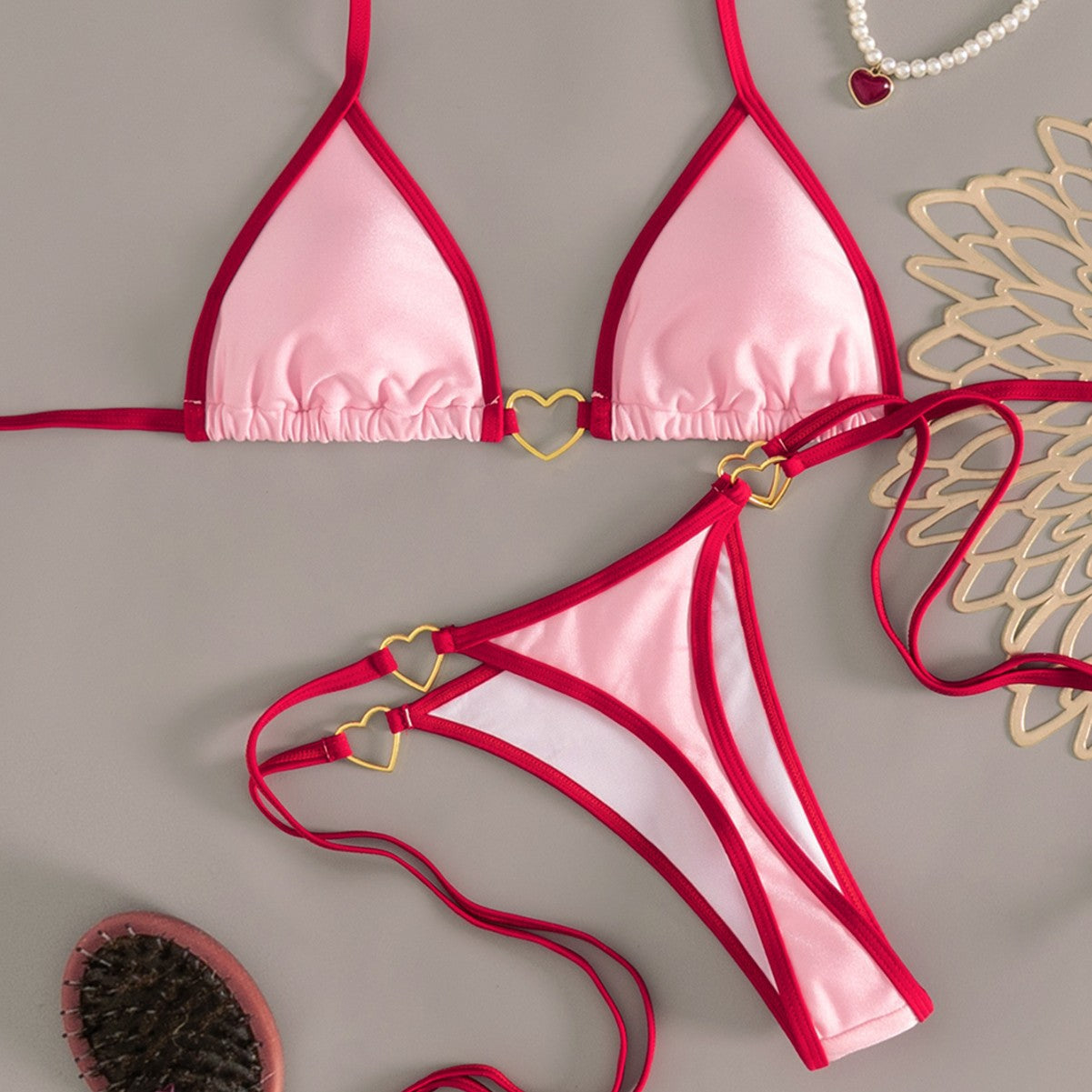 Pendant Thong Swimsuit Set With Tie-up Design Halter-style Triangle Bikini