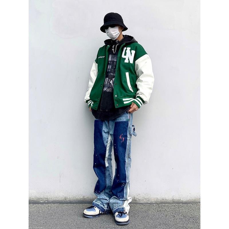 American Retro Contrast Color Baseball Uniform PU Leather Sleeve Jacket