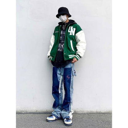 American Retro Contrast Color Baseball Uniform PU Leather Sleeve Jacket