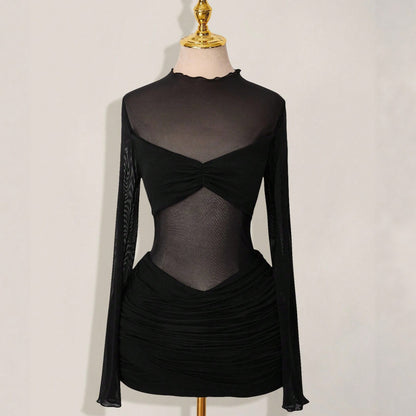 Solid-color Slim-fit Sexy Mesh Sheer Round-neck Sheath Dress For Women