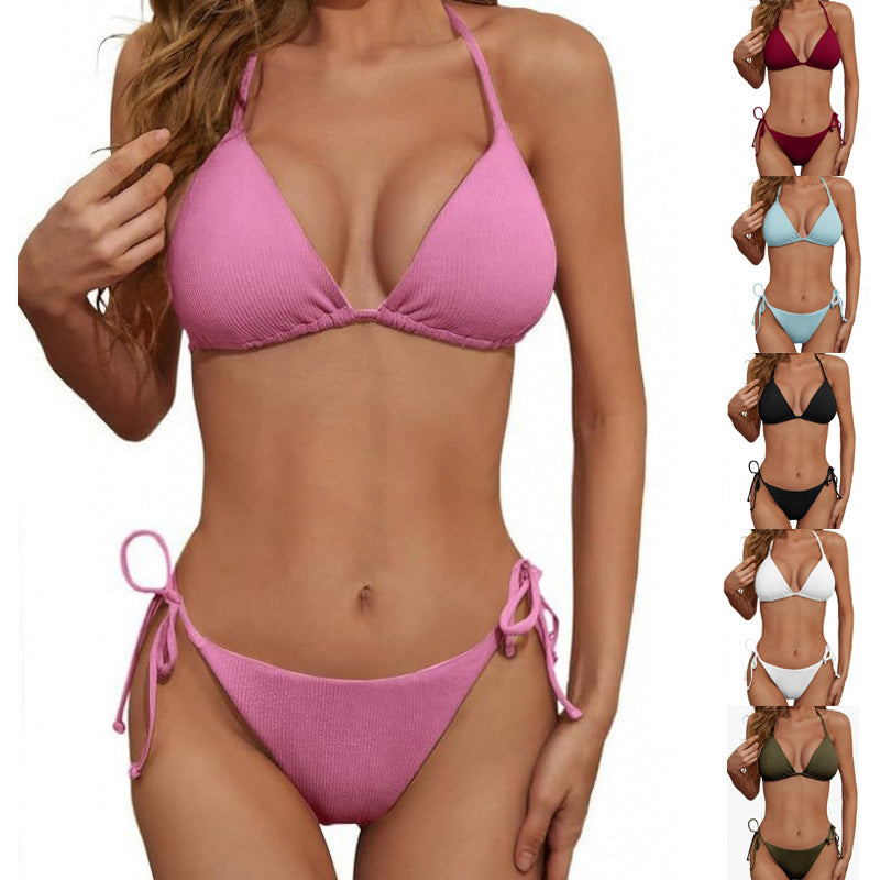 European And American Women's Split Solid Color Lace-up Bikini Suit