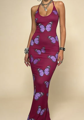Y2K Spicy Print Halter Neck Slim Fit Bodycon Long Dress For Women