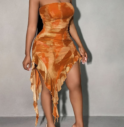 Y2K Spicy Tie-Dye Strapless Irregular Ruffle Dress For Women