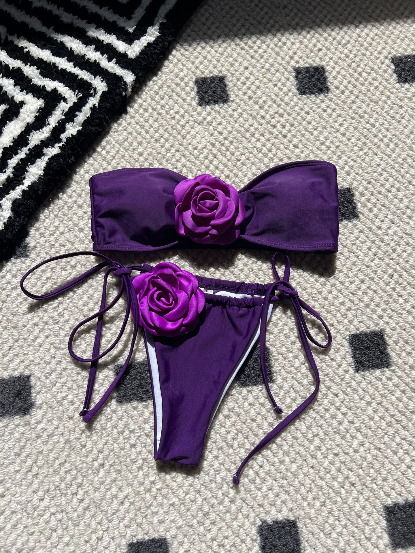 New Solid Color Rose Tube Top Drawstring Strap Split Swimsuit