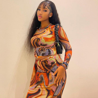 Printed Crewneck Long-Sleeve Midriff-Baring Top And Sheath Skirt Set For Women