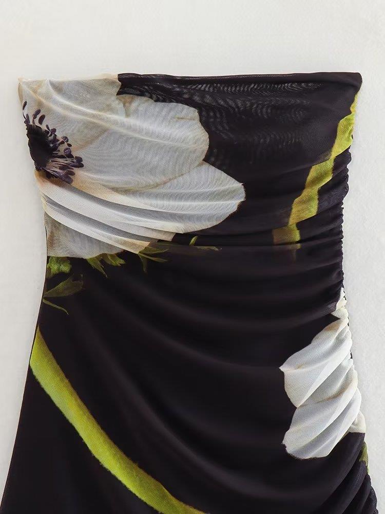European And American Style Summer Womens New Silk Mesh Printed Tube Dress