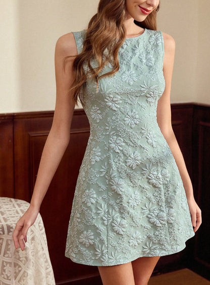 Floral Jacquard Sleeveless Dress French Minimalist Style Women's Summer Dress