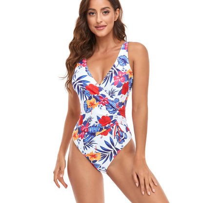 Solid Color Adjustable Shoulder Strap Multicolor Printed Swimsuit