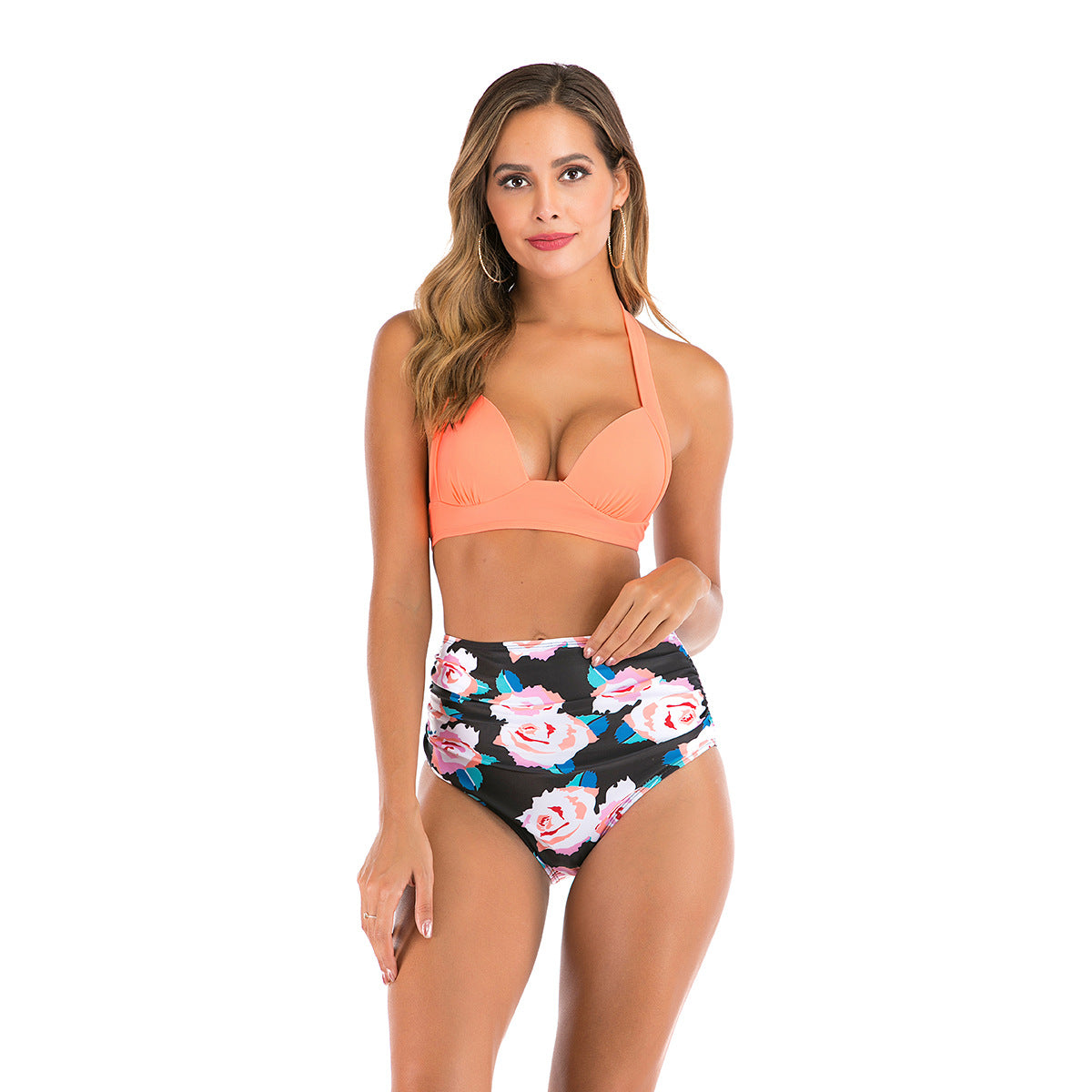 Printed high waist split swimsuit