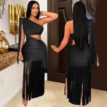 Fashionable Womens Sexy Casual One-Shoulder Tassel Dress