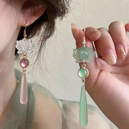Step-by-Step Lotus Elegance New Chinese-Style Long Waterdrop Earrings With Lotus Cats-Eye Gemstones