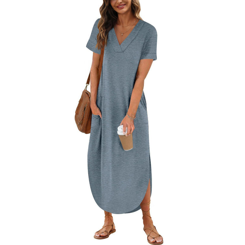 Loose  Casual Short-Sleeve V-Neck Split Dress For Women