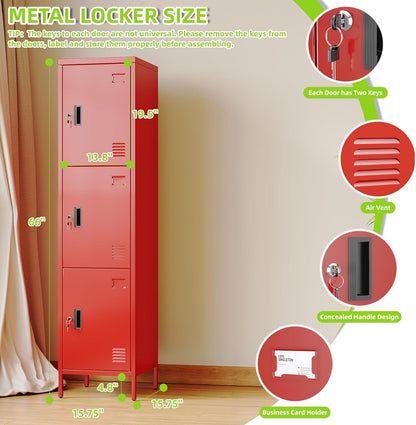 Metal Locker With Hooks And Ventilation Holes,Metal Storage Locker With Keys And Business Card Slof For Home,Gym,Garage,School,Office,Assembly Required,Red