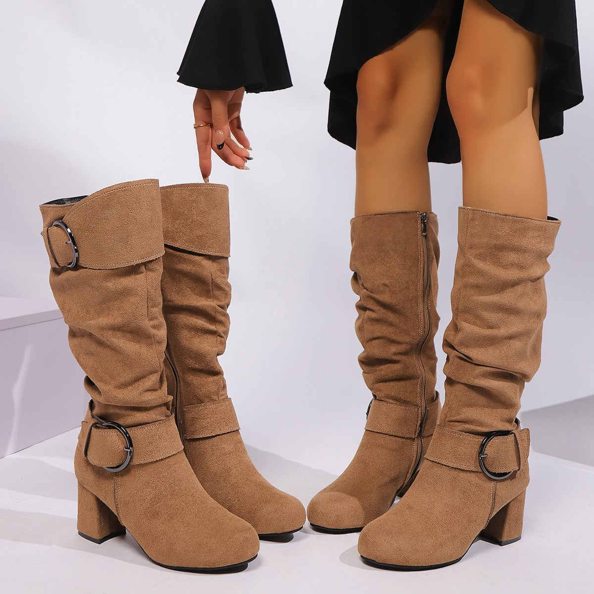 Suede High-heeled Chunky-heel Womens Boots With A Belt Buckle For Export