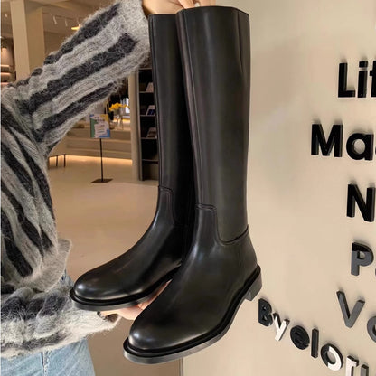 Knee-high Fleece-lined Round-toe Low-heeled With Side Zippers Womens High-rise Riding Boots