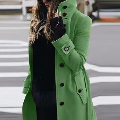 Autumn Winter New Woolen Coat Women's Slim Fit Cardigan Large Coat Women Long Sleeve Single Breasted Stand Collar Woolen Coat