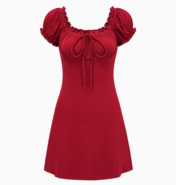 French Retro Red Square Collar Tied Dress Puff Sleeve
