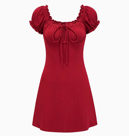 French Retro Red Square Collar Tied Dress Puff Sleeve
