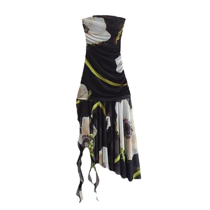 European And American Style Summer Womens New Silk Mesh Printed Tube Dress