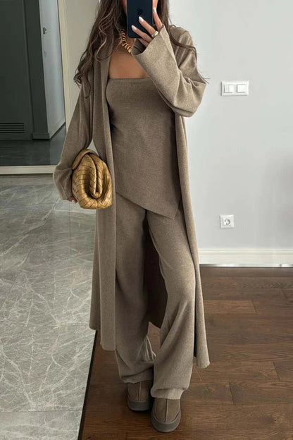 New Style Casual Solid Color Knitted Three-Piece Set Loose Long Coat And Wide-Leg Pants For Women