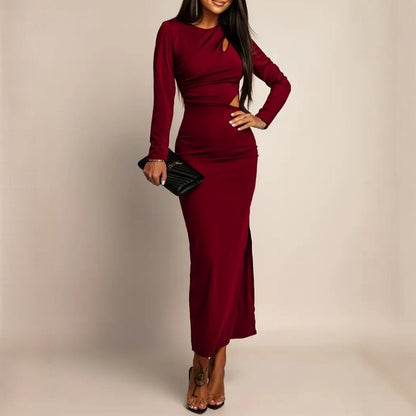 Sexy Crew-Neck Hollow-Out Long-Sleeve Sheath Dress With Side Slit