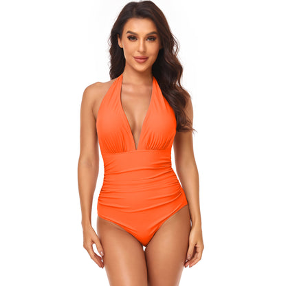 Women's Fashion Pump Pleated Neck Solid Color One-piece Swimsuit