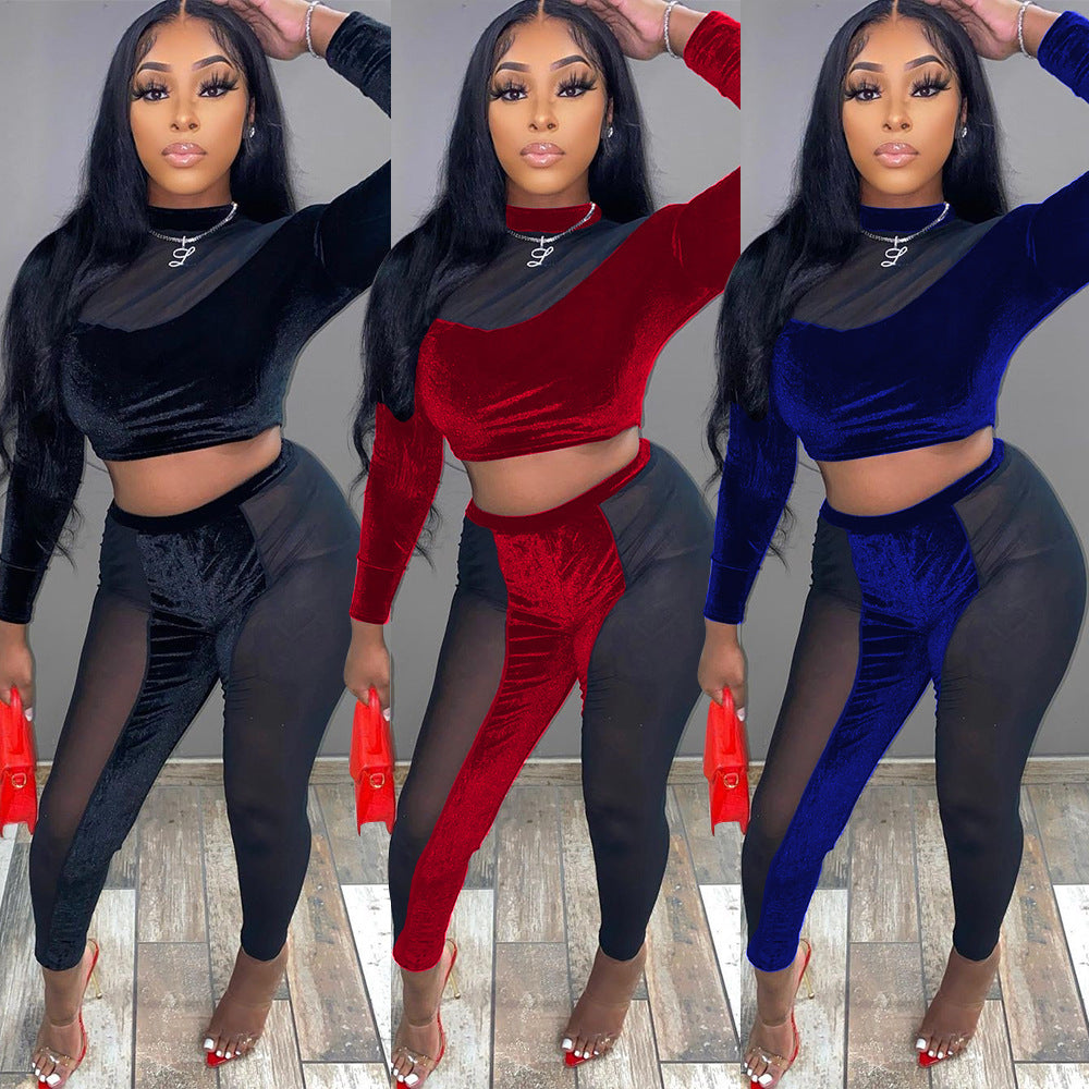 Pleuche Patchwork Long Sleeve Two-piece Set
