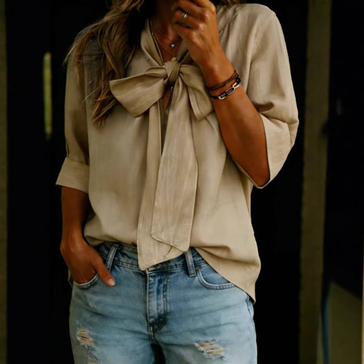 V-neck Bow-knot Loose-fit Three-quarter Sleeve Womens Top