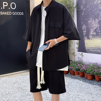 Men's Ice Silk Hanging Suit Men's Solid Color Short-sleeved Shirt Draw Rope Shorts Two-piece Men's