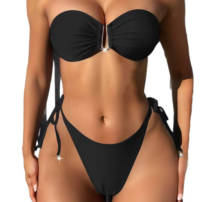 Pure Color Bikini Open Back Swimsuit Tube Top Swimming