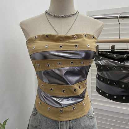 Popstar Festival Outfit Patchwork Bra-Padded Tube Top Short Sleeveless Top