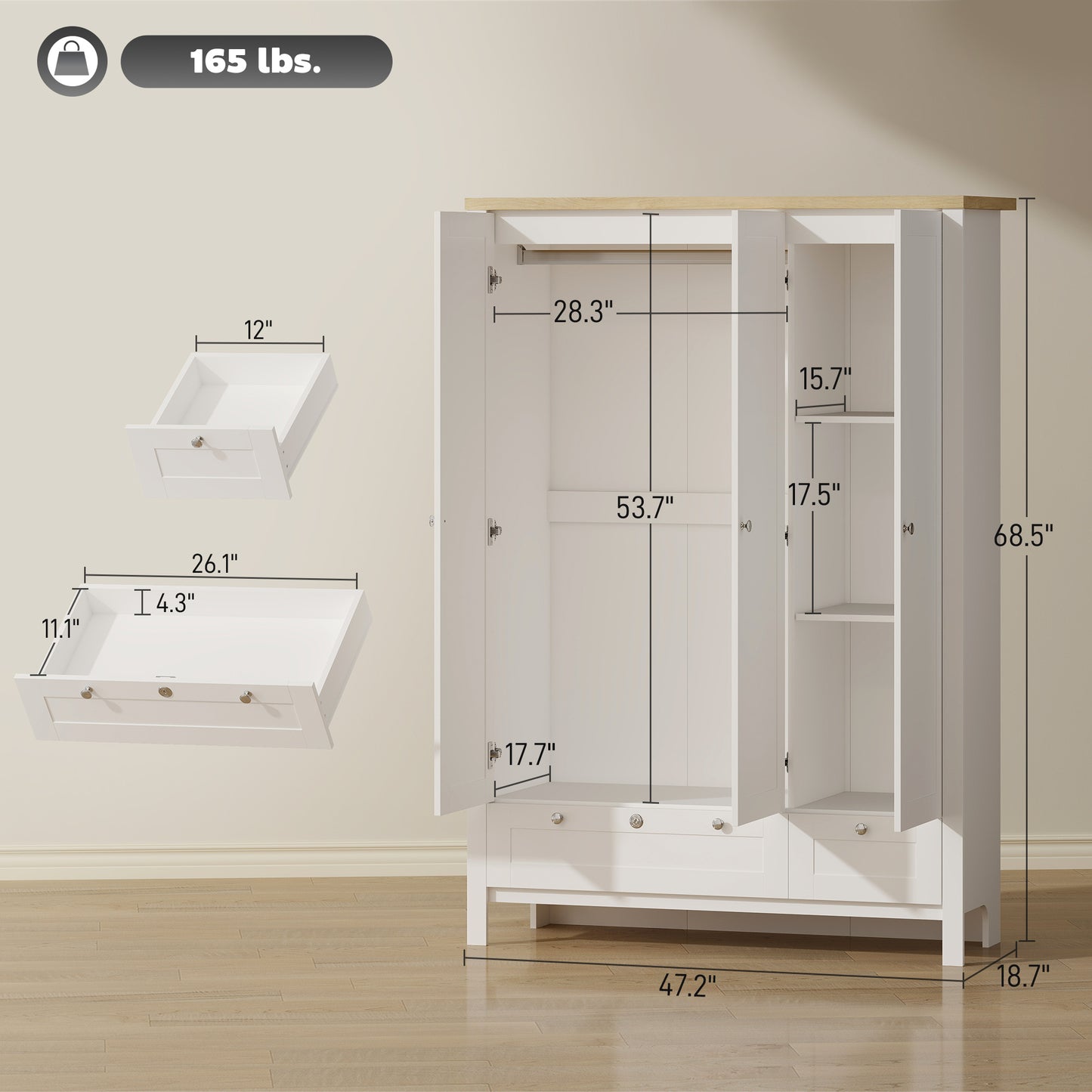 3 Doors Wardrobe Closet with 2 Drawers, Bedroom Armoire with Lockable Drawer, Hanging Rod and Storage Shelves, White