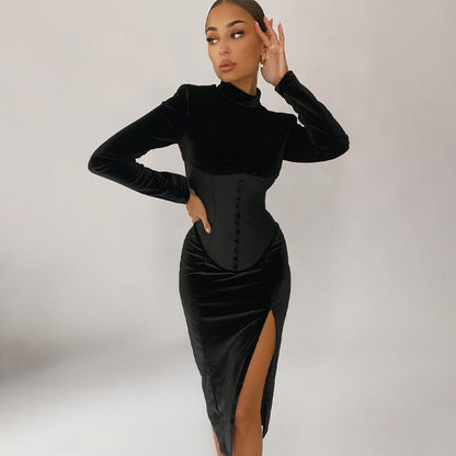 Solid Color Stand Collar Stitching Velvet Split Dress